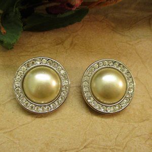 KJL Silver Rhinestone Pearl Clip Earrings ~Kenneth J Lane Pearl Crystal Earrings